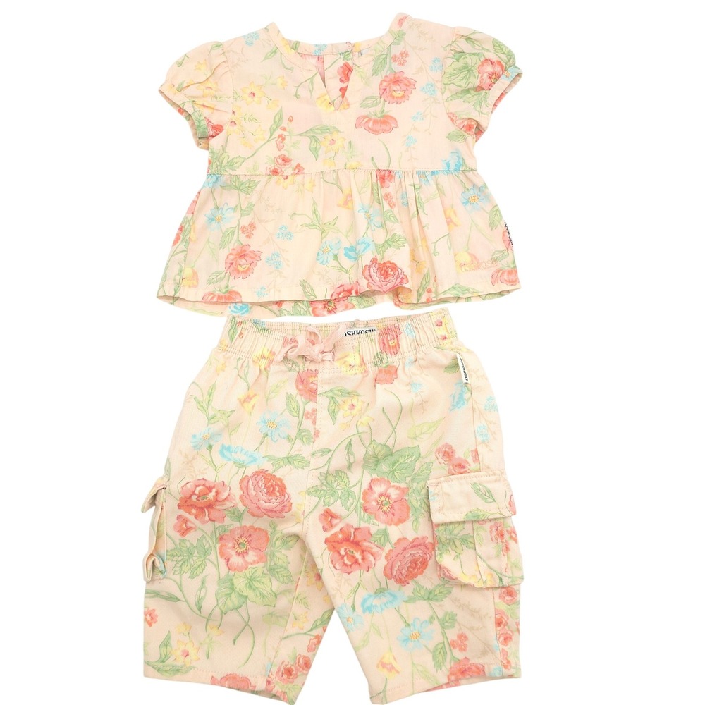 OshKosh B'gosh Girls Floral Peplum Top and Cargo Shorts Set Vintage 3-6M